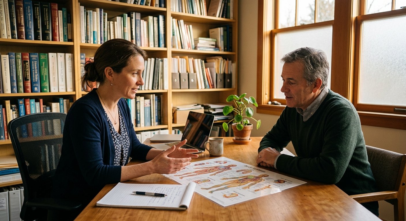 Doctor and male patient lean over a body-systems diagram on a wooden desk in a warm, book-lined consultation room at dusk.