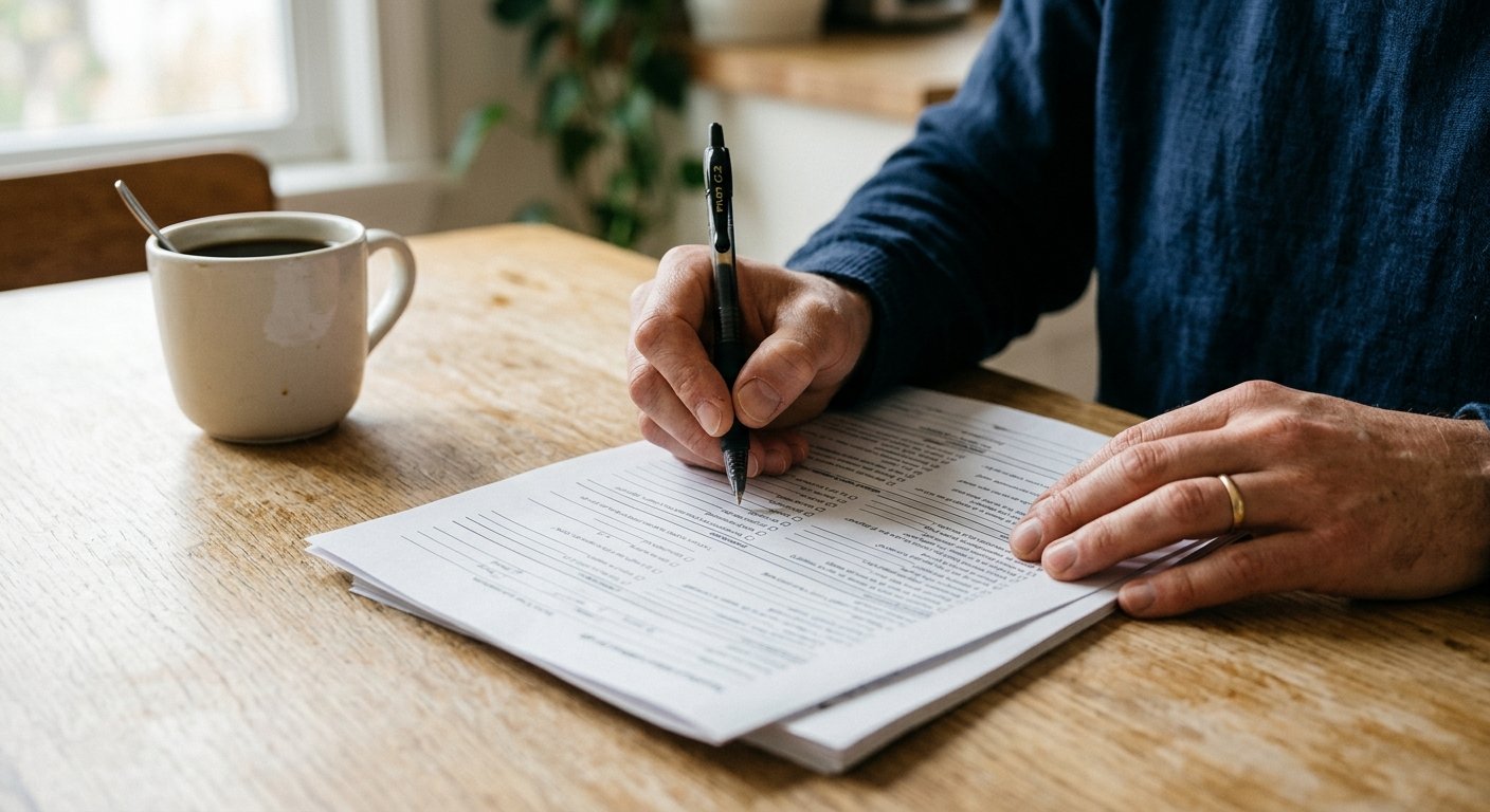 Hands holding a detailed paper health questionnaire with a pen ready to write, on a wooden table in morning light