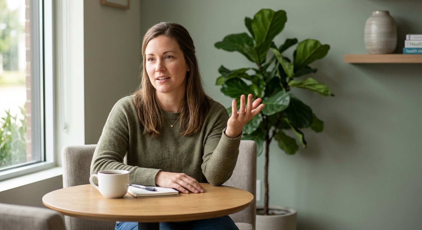 Woman in her 30s gesturing expressively while speaking at a small clinic table in soft morning light