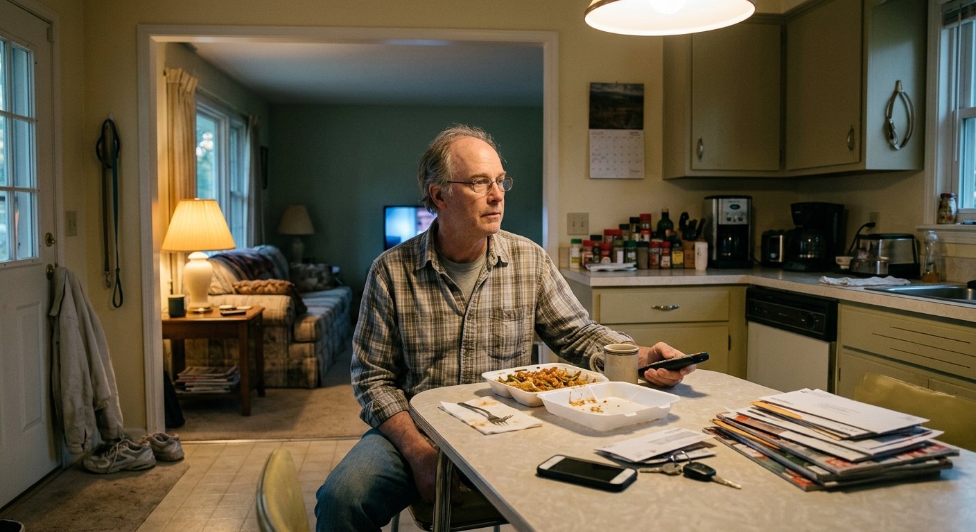 Man sitting alone at a kitchen table in the evening with takeout food and a remote control in a dimly lit suburban home