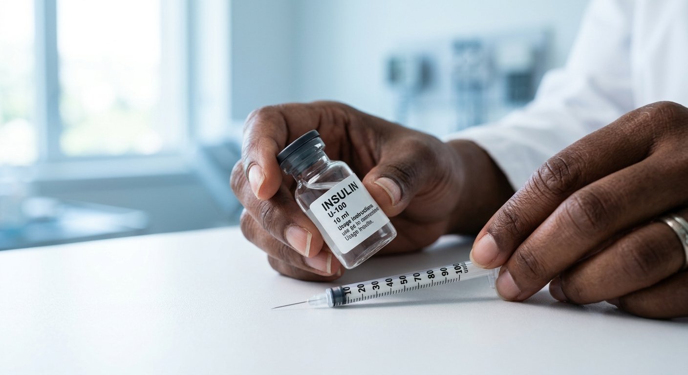 Close-up of hands holding a glass insulin vial beside an uncapped syringe on a white countertop in morning light.