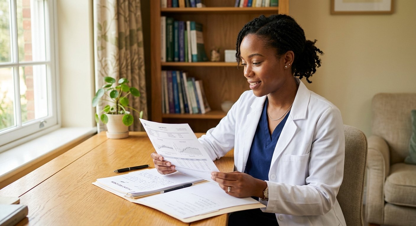 Female doctor in white coat reviewing lab results at a consultation desk in a sunlit office, candid three-quarter view