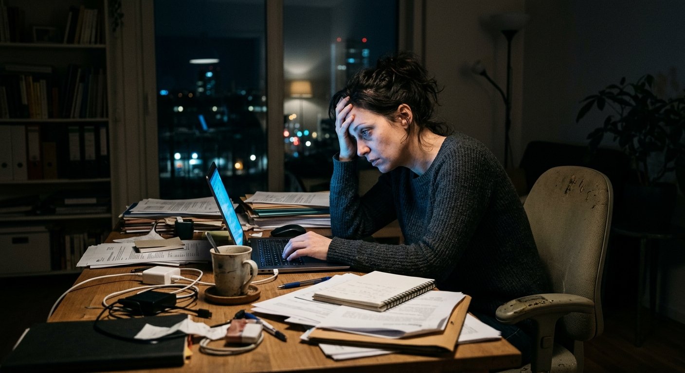Tired woman hunched over a cluttered desk late at night, lit by a laptop screen in a dark home office