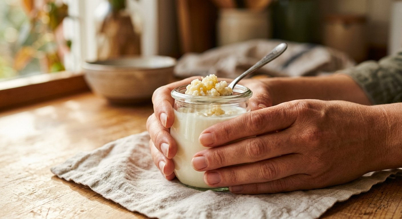Close-up of hands holding a small glass jar of yogurt with kefir granules on a linen cloth in warm morning light
