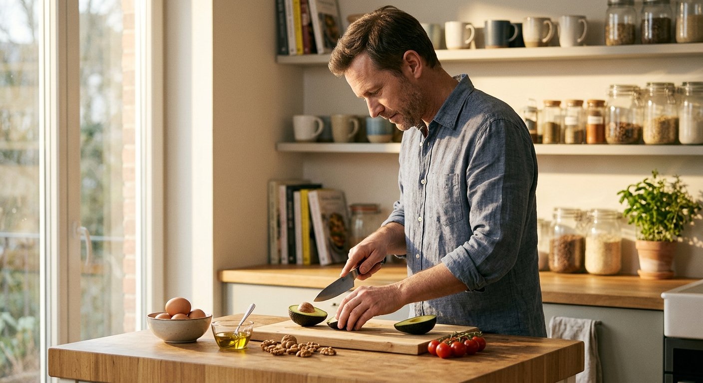 Man in his forties slicing an avocado at a sunlit kitchen counter with eggs, olive oil, and walnuts nearby